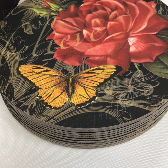 Vintage Punch Studio coasters box set Dream Believe Flower Butterfly gold 12pc - Picture 7 of 9